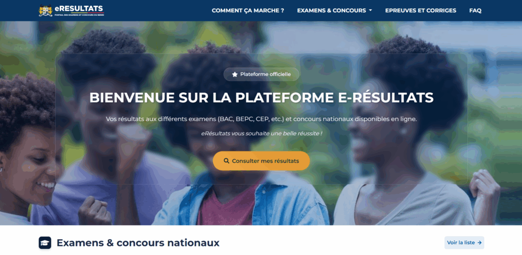 Page d'accueil du site eresultats.bj