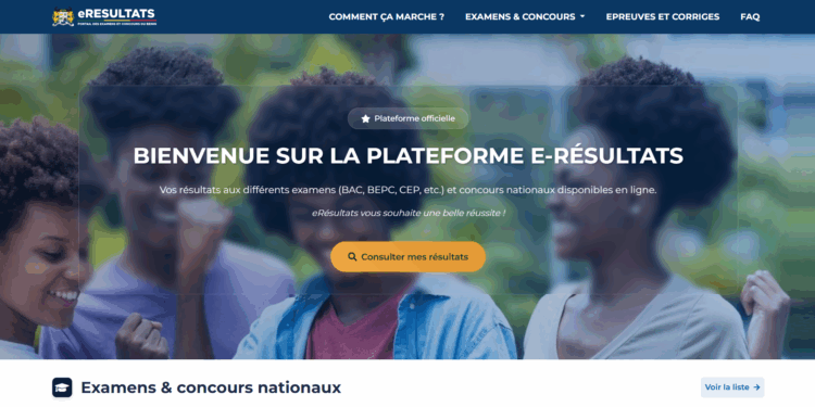 Page d'accueil du site eresultats.bj